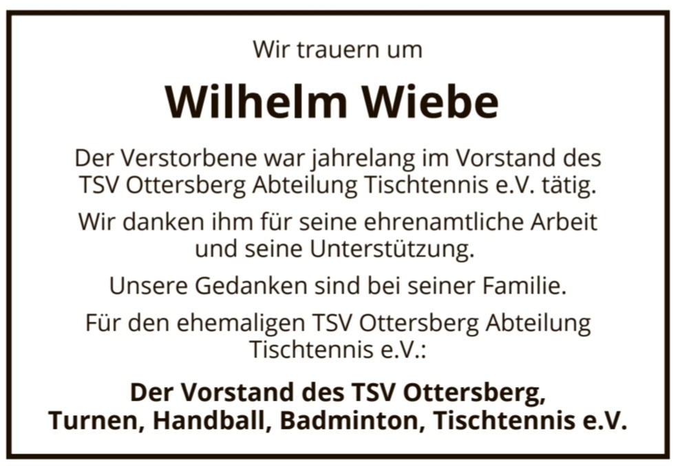 TSV Anzeige Wilhelm Wiebe Tod 2024